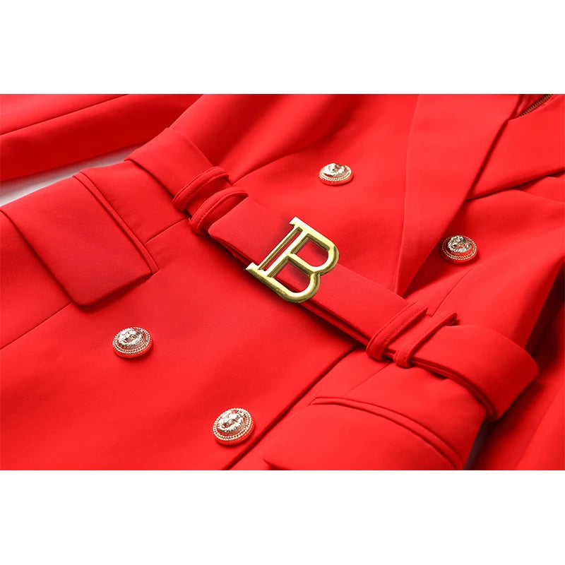 Quality Women Red Blazer Dress With Belt Double Breasted Buttons Chic for Party