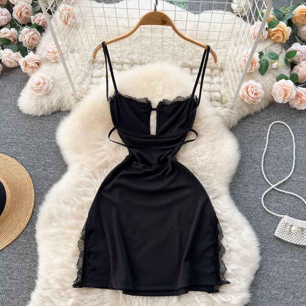 Summer Sexy Slit Hip Midi Dress For Women Empire Hollow Out Backless Lace Dress