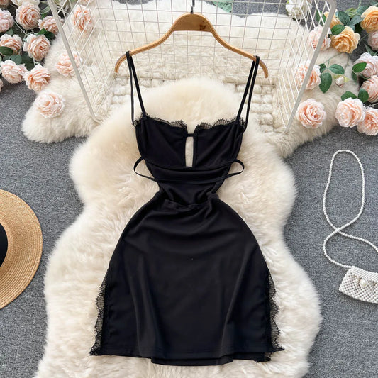 Summer Sexy Slit Hip Midi Dress For Women Empire Hollow Out Backless Lace Dress