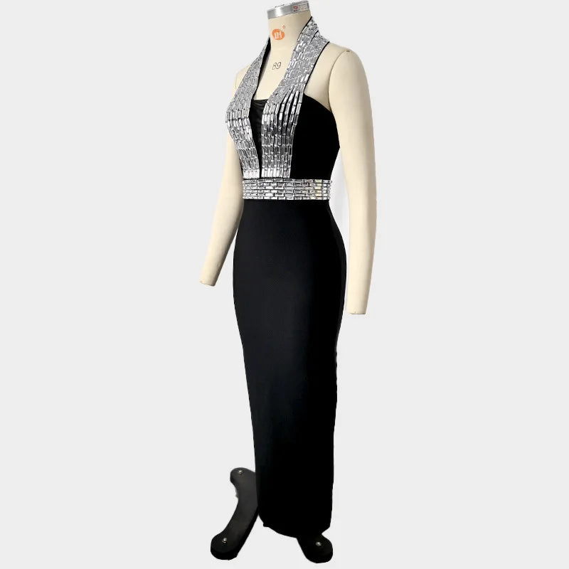 Women Celebrity Sexy Halter Diamonds Black Maxi Bodycon Bandage Dress Elegant Evening Club Party Outfit Luxury Birthday Dress