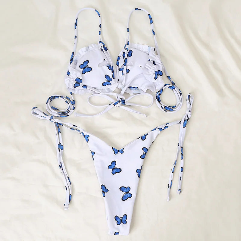 Sexy Printed Ruffled Frilled Thong Bikini Women Swimwear Female Swimsuit Two Pieces Bikini set Micro String Bathing Suit Swim