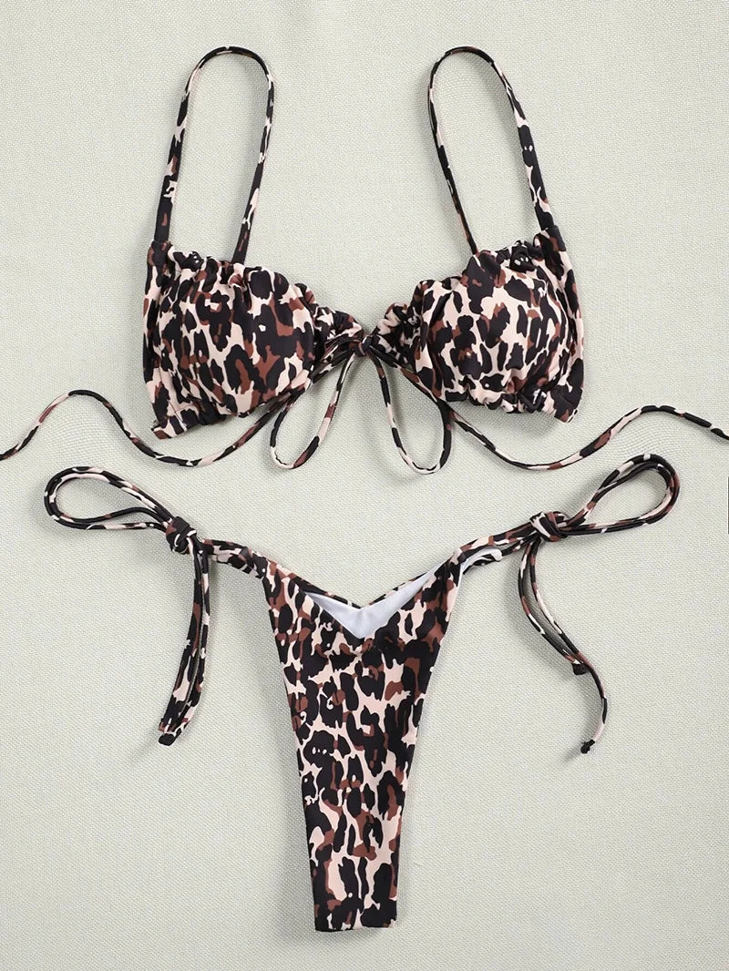 Sexy Printed Ruffled Frilled Thong Bikini Women Swimwear Female Swimsuit Two Pieces Bikini set Micro String Bathing Suit Swim