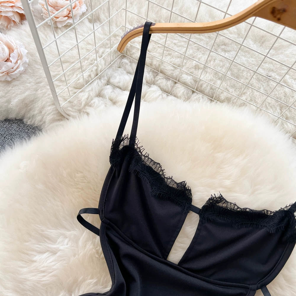 Summer Sexy Slit Hip Midi Dress For Women Empire Hollow Out Backless Lace Dress