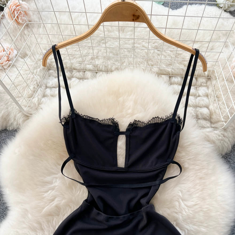 Summer Sexy Slit Hip Midi Dress For Women Empire Hollow Out Backless Lace Dress