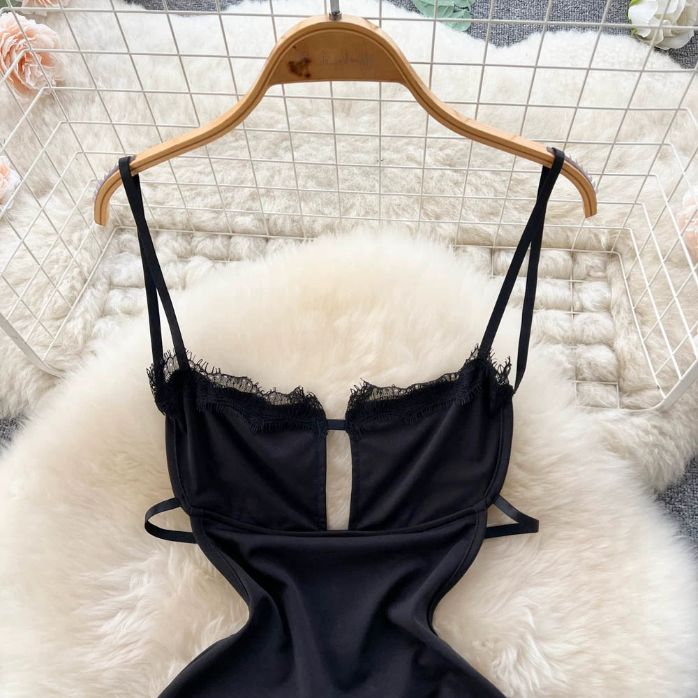 Summer Sexy Slit Hip Midi Dress For Women Empire Hollow Out Backless Lace Dress