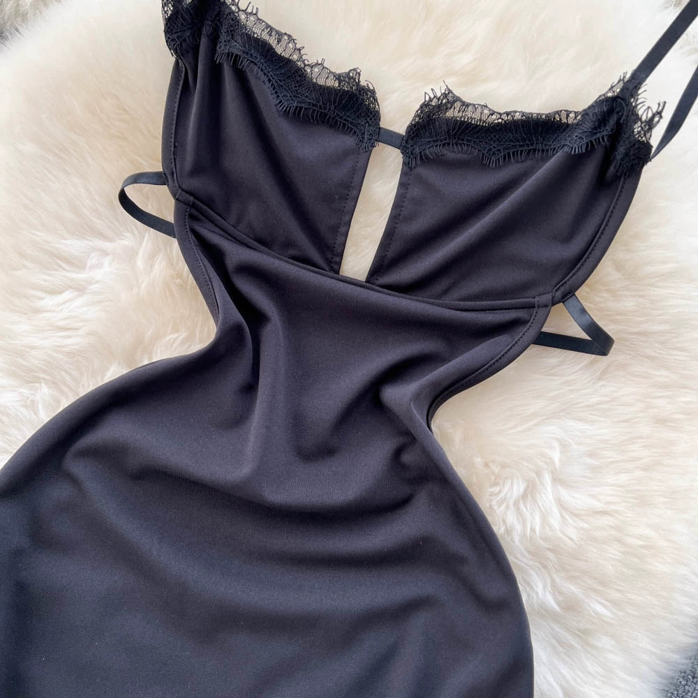 Summer Sexy Slit Hip Midi Dress For Women Empire Hollow Out Backless Lace Dress