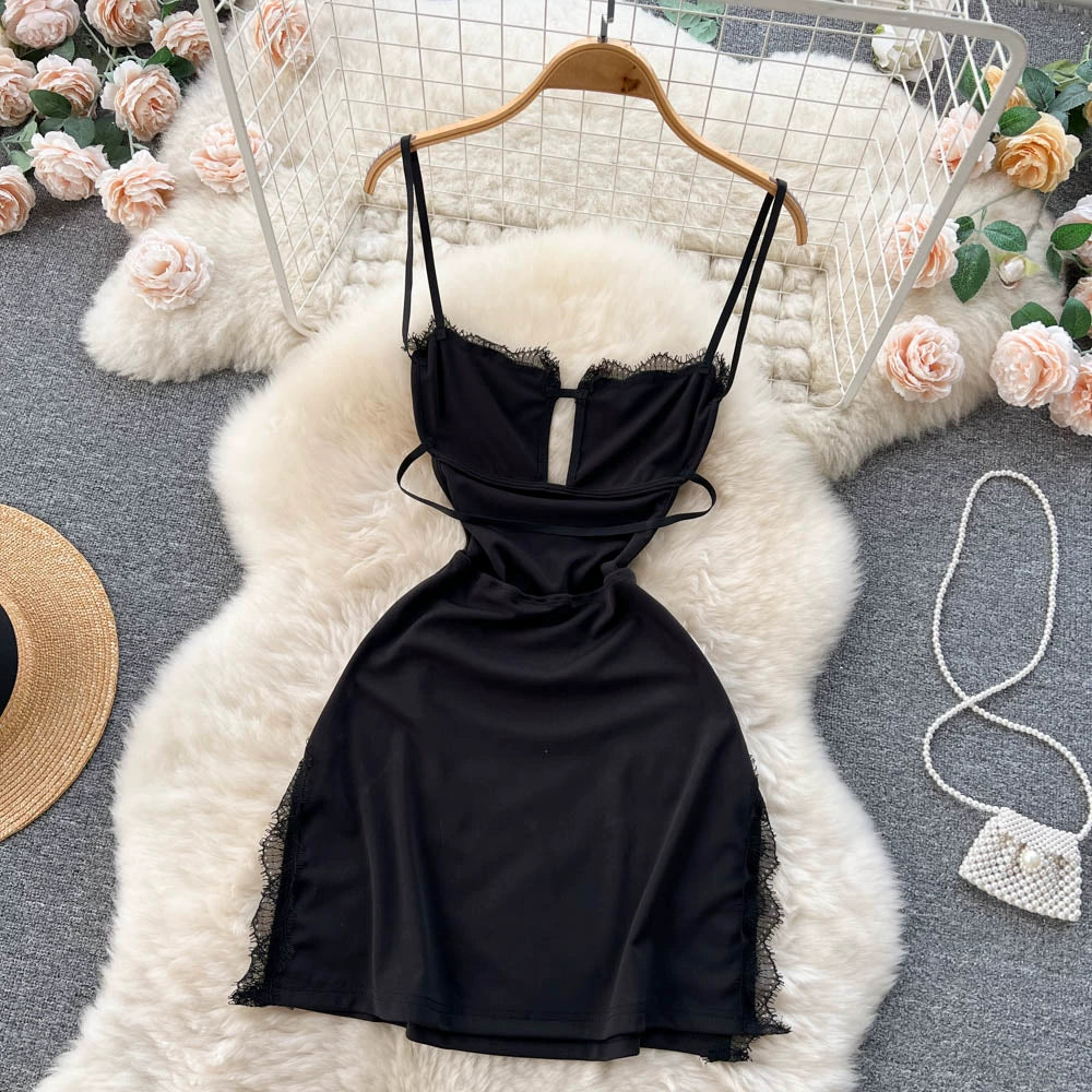 Summer Sexy Slit Hip Midi Dress For Women Empire Hollow Out Backless Lace Dress