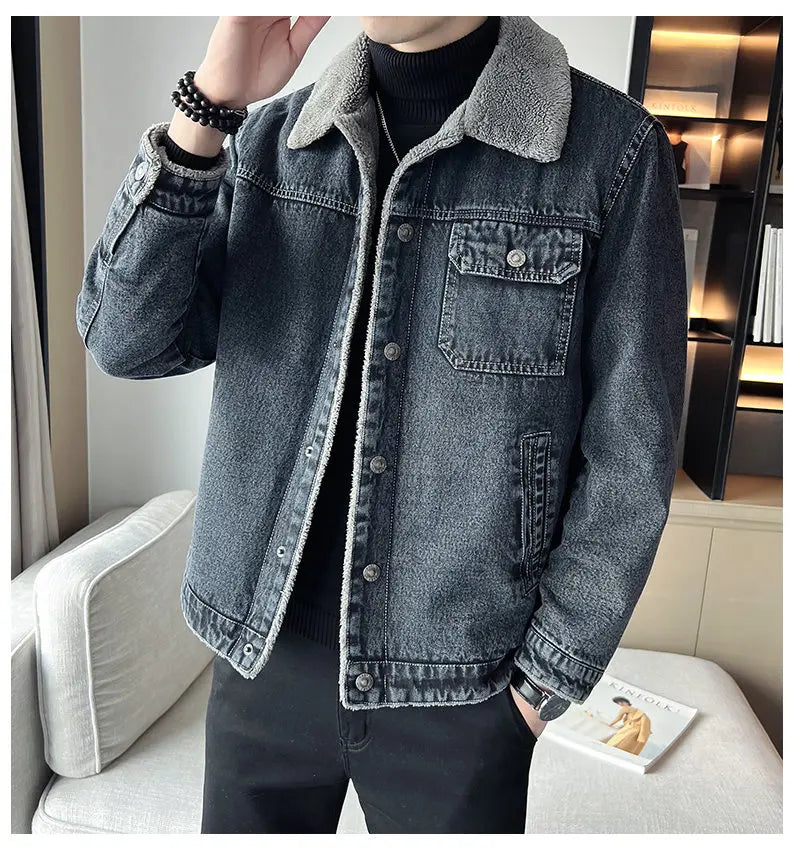 Men Denim Jacket Men Fleece Trendy Winter Velvet Coats 2025 Men Korean Slims Casual Thick Jacket Male Lamb Fur Casual Outerwear