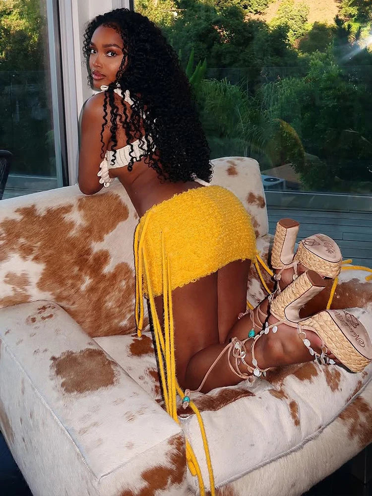 Weird Puss Sexy Furry Side Tassel Skirts Women Y2K Peach Hip Summer Solid Wild Basic Hipster Streetwear Skinny Slim Mini Bottom