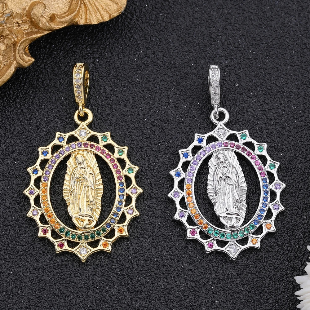 Juya 18K Real Gold Plated Religious Pendant Jewelry Making Supplies Creative Saint Mary Virgin Christian Cross Charms Supplies