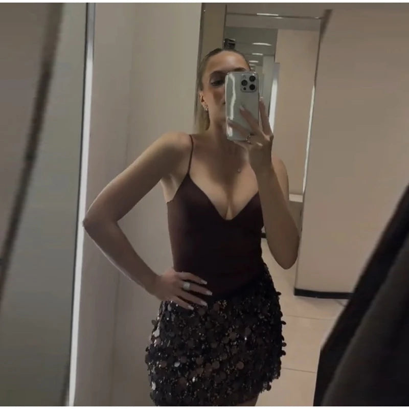 Sexy Paillette Mini Women's Skirt Fashion High Waist A-line Party Club Female Skirts 2025 Winter Streetwear Lady Clothes