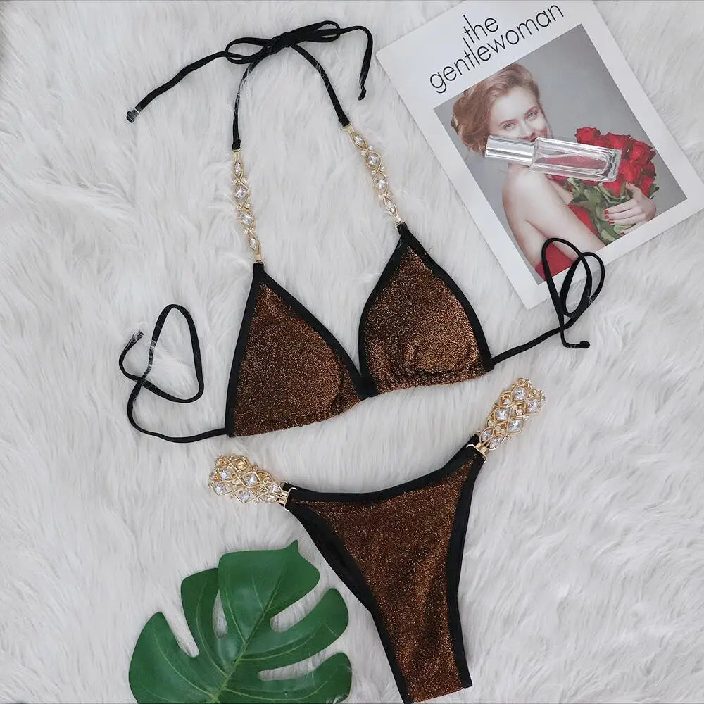 Sexy Bikinis Swimsuits Woman 2025 Luxury Rhinestones Push Up Diamond Thong Swimwear Shiny Gold Beach Bathing Suit Bikini Set