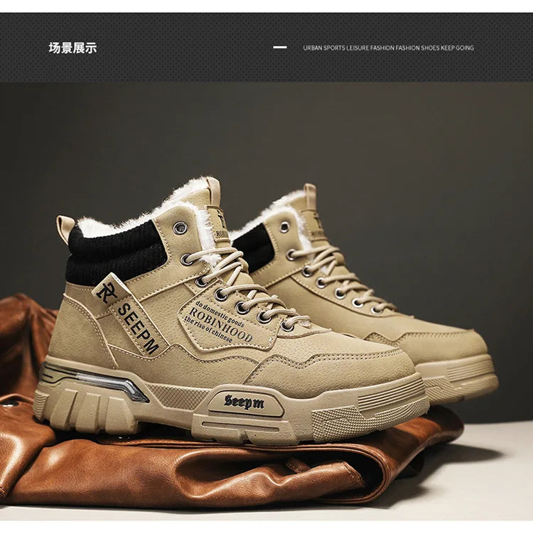 Winter New Fleece-Lined Cotton Shoes Fashionable Outdoor Snow Boots Trendy Warm High-Top Work Shoes Wholesale Men's Footwear
