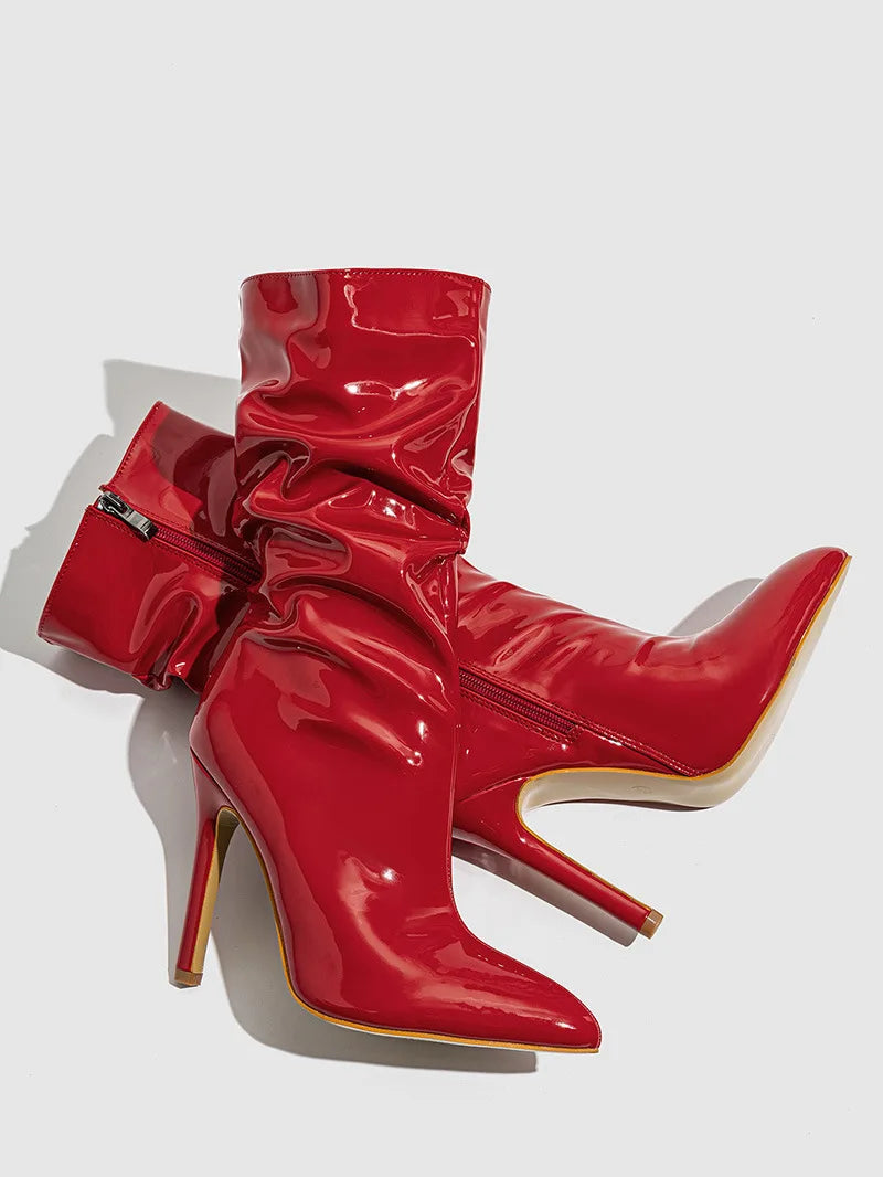 High-quality Pointed Toe Ladies Boots 11CM Stiletto Fashion Women Party Shoes Mid-Calf Boots Side Zipper Pleated High heels 42