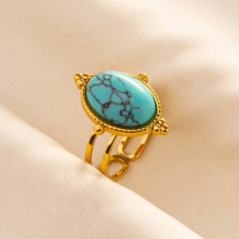Classic Retro Turquoise Finger Jewelry Stainless Steel Rings For Women Men Accessories Open Adjustable 18k Real Gold Plated Ring