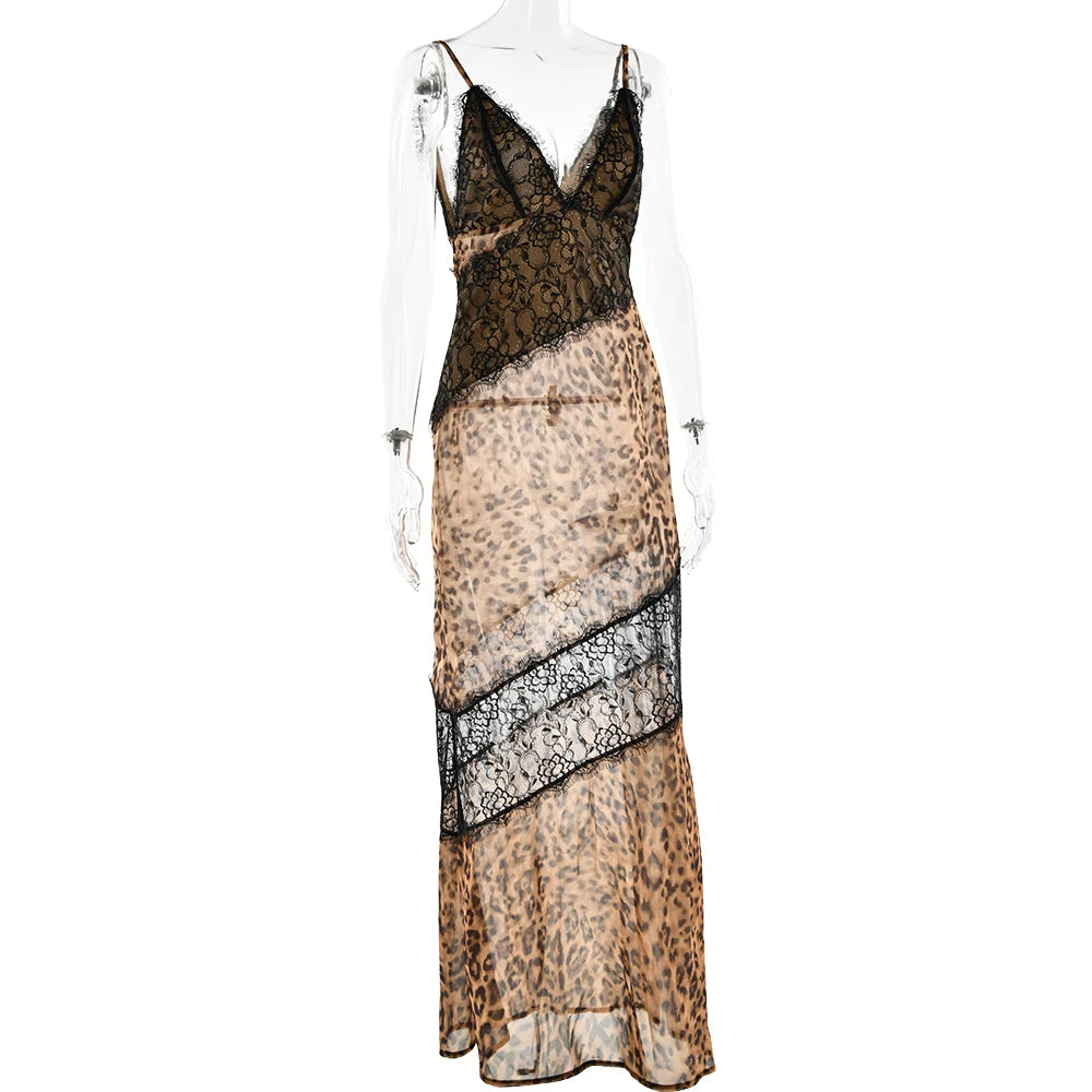 JULISSA MO Patchwork Sexy See Through Lace Print Leopard Maxi Dress For Women Spaghetti Strap V-neck Elegant Party Evening Dress