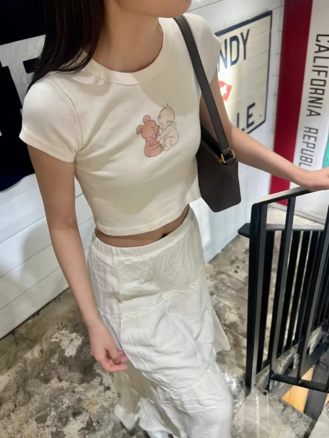 Cartoon Print Beige T-shirts Women 2024 Summer Streetwear Round Neck Short Sleeve T Shirt Female Vintage Chic Y2k Crop Top