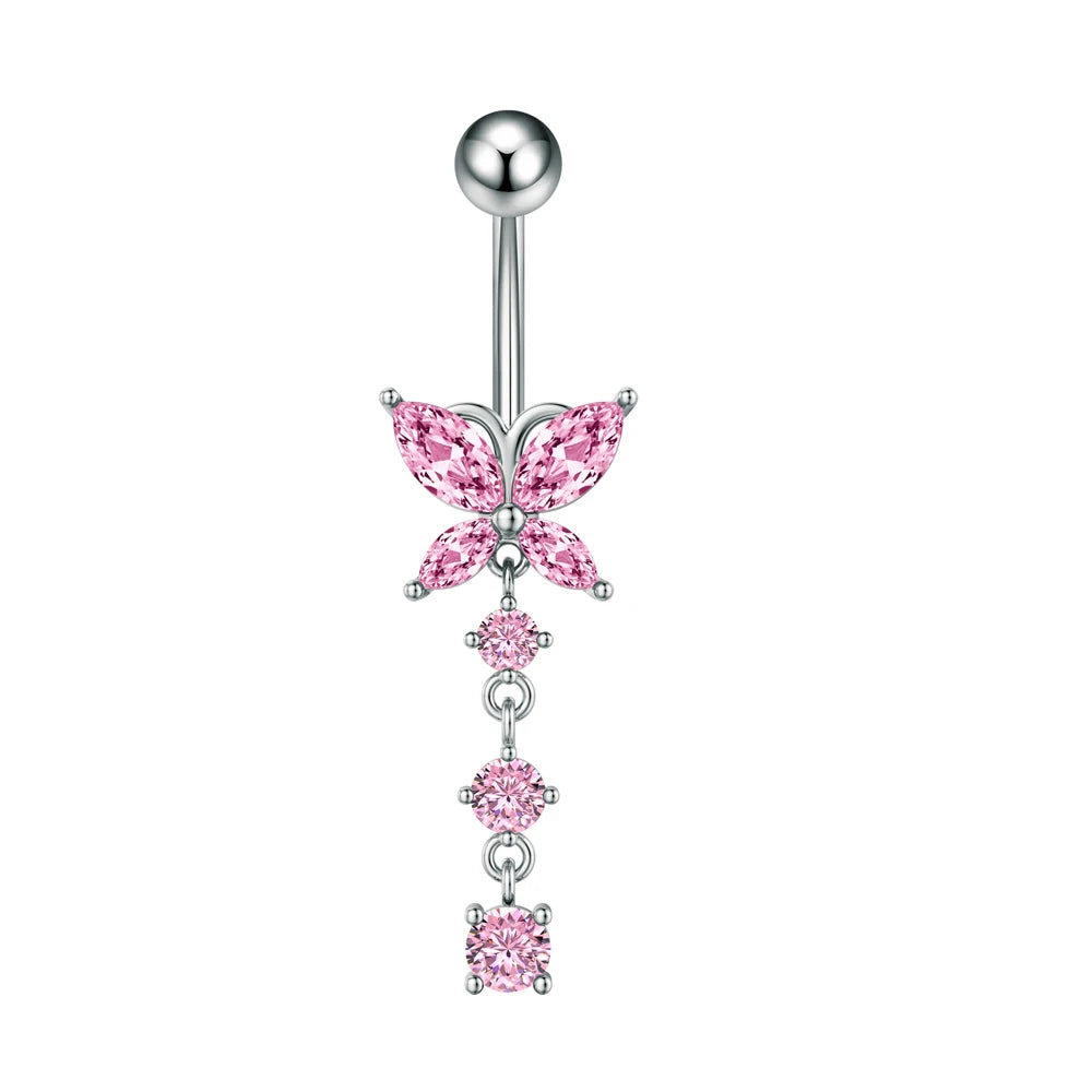 New Pink Series Heart Snake Crystal Zircon Belly Button Rings Fashion Cross Butterfly Dangled Belly Piercing for Women Jewelry
