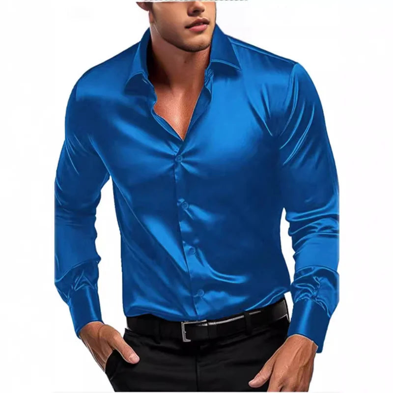 Mens Shirts Silky Luxury Satin Fabric Autumn Blouse Elegant British Long-Sleeved Smooth Business Office Shirts Party Tuxedo Tops
