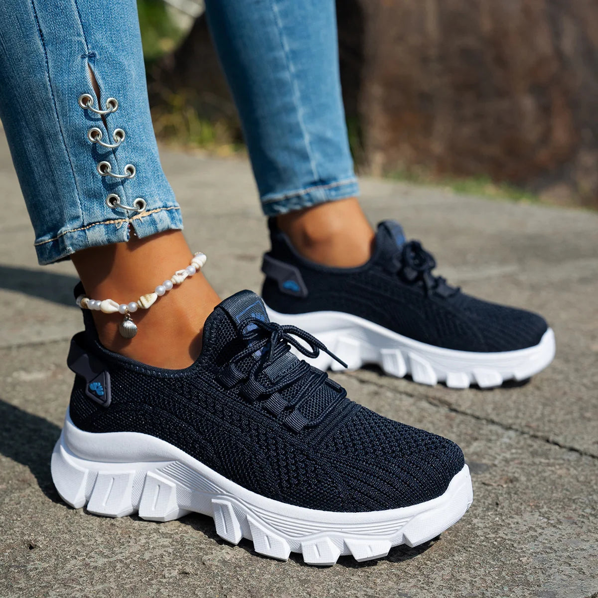 Women Shoes Mesh Casual Shoes Platform Soft Sole Tennis Shoes Knitted Shallow Vulcanized Shoe Lightweight Lace-up Women Sneakers