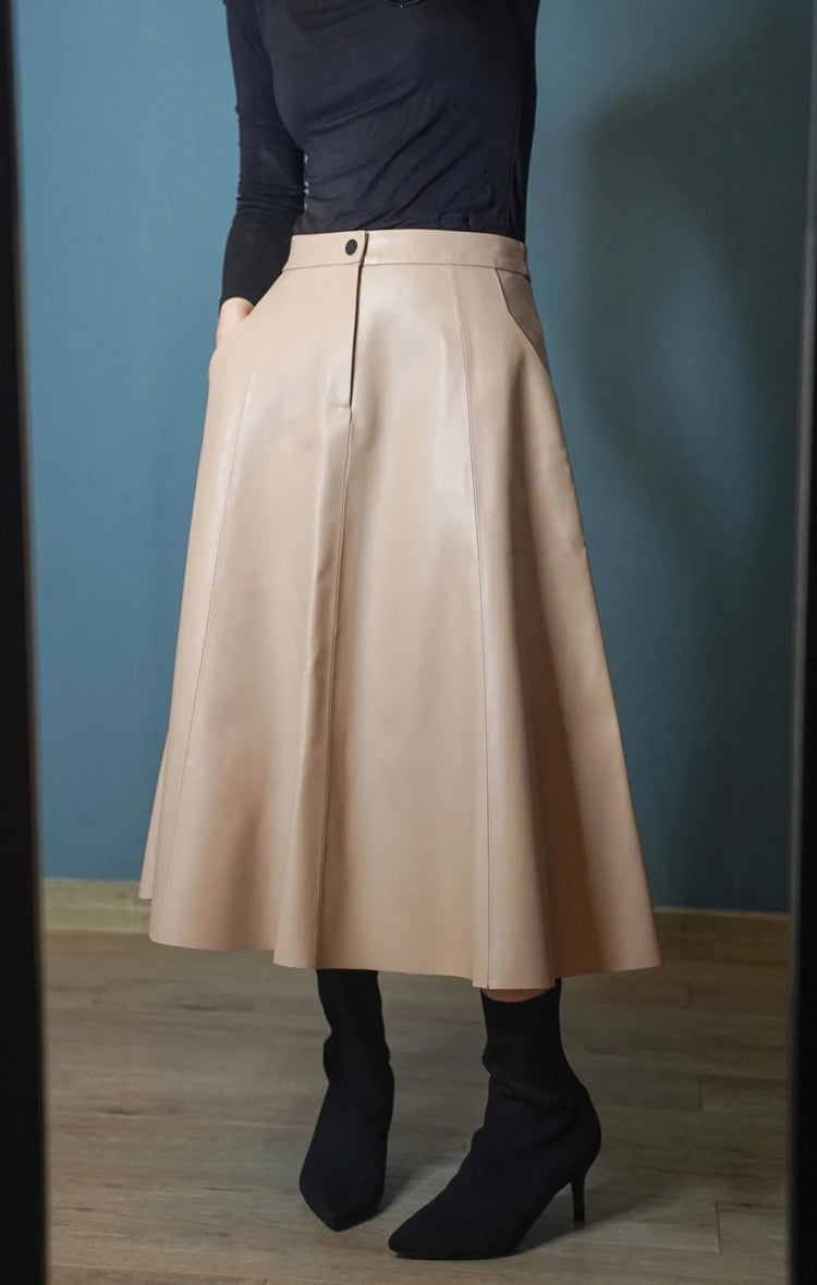 Women Caramel Genuine Leather Skirt 2025 Winter Female Natural Skin A-line Simple Big Hem Pleated Long Faldas Apricot Ropa Mujer