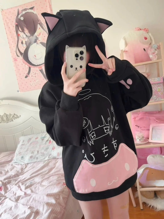 Japanese Cute Gothic Cat Ears Hooded Coat Vintage Printed Pockets Hoodie Streetwear Y2k Aesthetic Long Sleeve Sweatshirt Winter