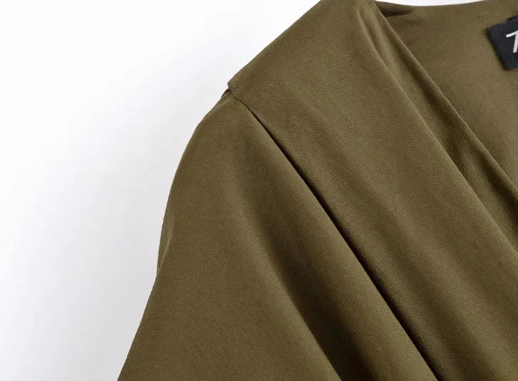 Slimming Casual Short Sleeve Pleated Shoulder Draped Dress Versatile Women's Fashion Design Knee-Length V-Neck Dress