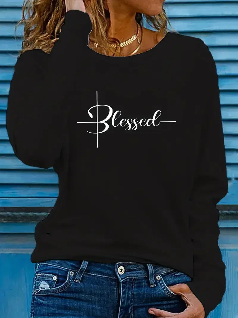 Fashion Y2k Blessed Print Crew Neck T-shirt Casual Top Long Sleeve T Shirt Women's Clothing Harajuku T Shirt