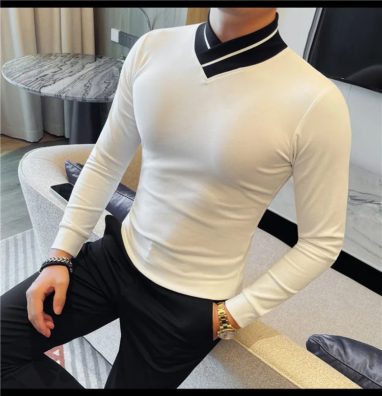 Autumn Winter Men's Mock Neck Long Sleeved T-shirt Slim Fit Elastic Solid Color Base Shirt Versatile Casual Business T-shirts