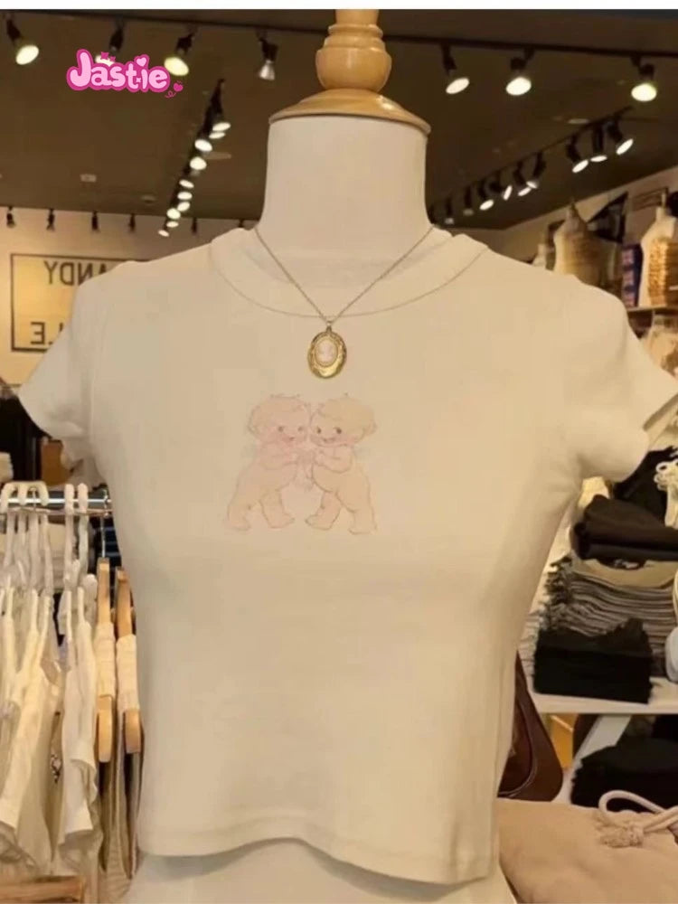 Cartoon Print Beige T-shirts Women 2024 Summer Streetwear Round Neck Short Sleeve T Shirt Female Vintage Chic Y2k Crop Top