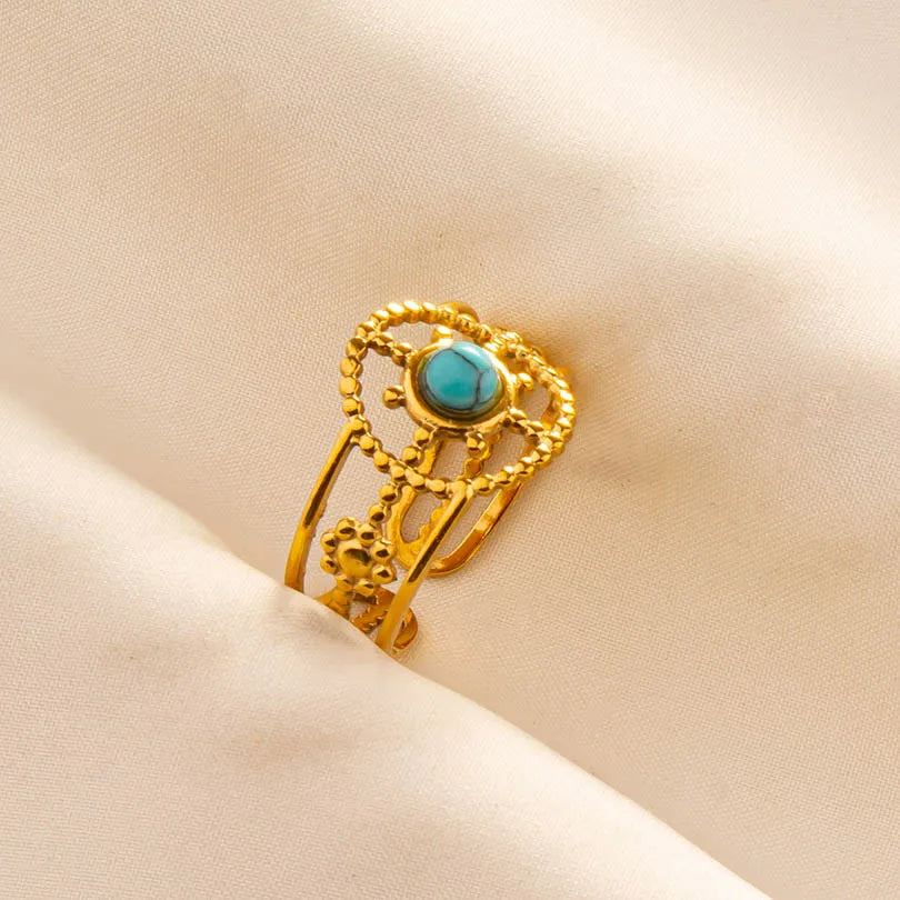 Classic Retro Turquoise Finger Jewelry Stainless Steel Rings For Women Men Accessories Open Adjustable 18k Real Gold Plated Ring