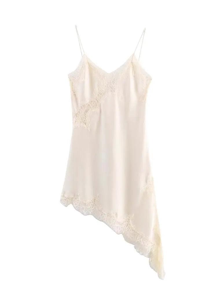 Women Fashion Sexy V-Neck Lace Elegant Halter Dress Asymmetric Hem Dress 2025 Summer New Fashion Holiday Party Beach Dresses