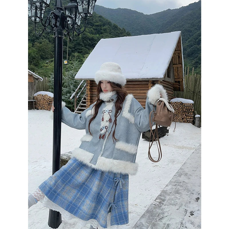 MEXZT Vintage Plaid Woolen Midi Skirt Women Japanese Kawaii Bow Lace Patchwork Skirts Winter Harajuku Cute Casual A Line Faldas