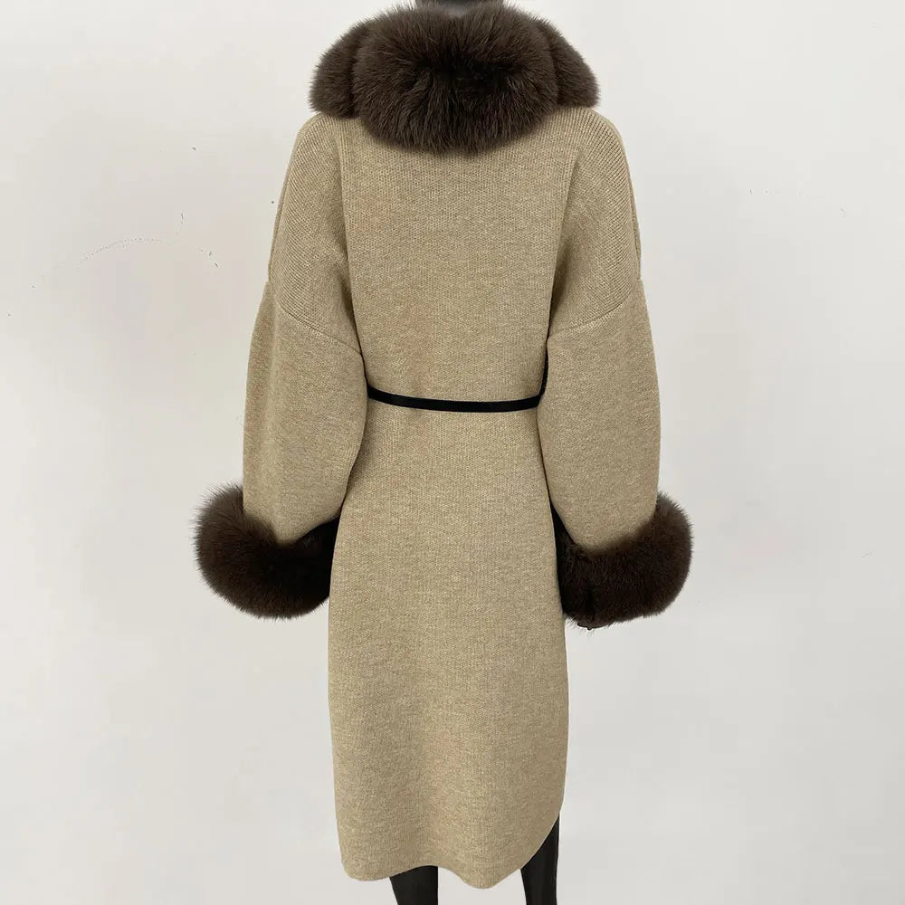 Long Knitwear Coat Women Warm Belt Real Fox Fur Jacket Female 2024 New Autumn Winter Kintted Natural Fur Coat Women