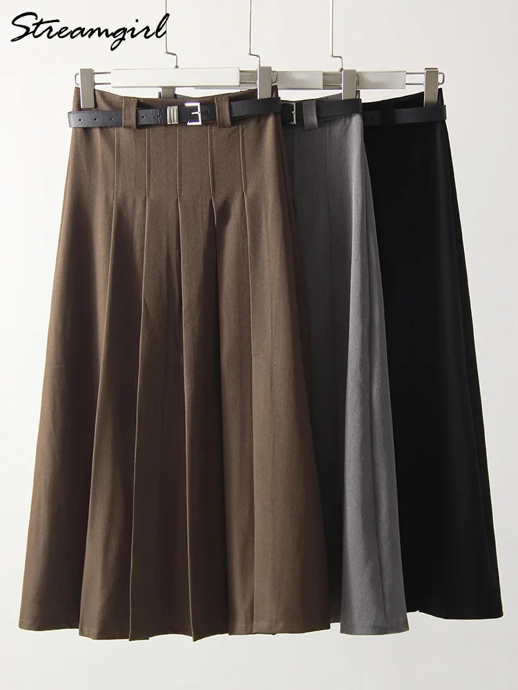 Gray Midi Pleated Skirts For Women Autumn 2024 High Waist A Line Maxi Zipper Skirts For Office Lady Long Skirt Woman Black