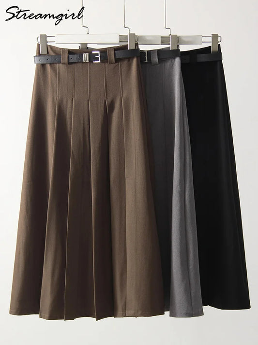 Gray Midi Pleated Skirts For Women Autumn 2024 High Waist A Line Maxi Zipper Skirts For Office Lady Long Skirt Woman Black