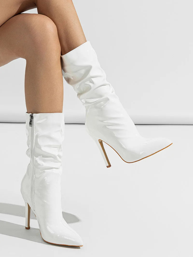 High-quality Pointed Toe Ladies Boots 11CM Stiletto Fashion Women Party Shoes Mid-Calf Boots Side Zipper Pleated High heels 42