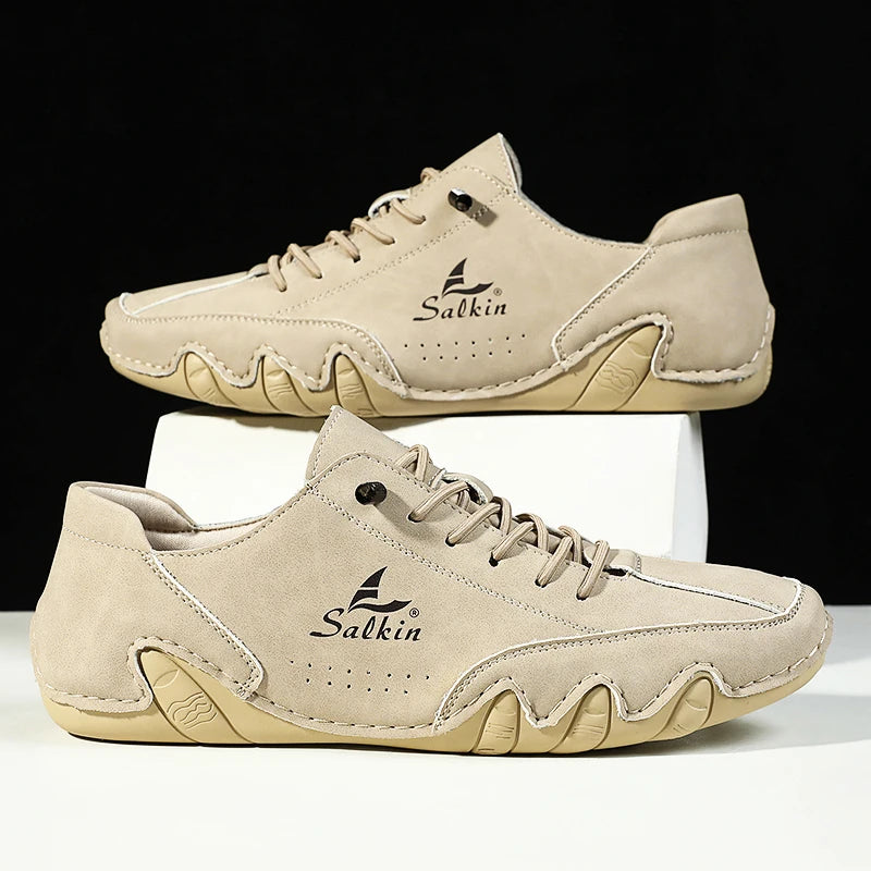 New 2025 Fashion Handmade Leather Casual Men Shoes Design Sneakers Slip On Loafers Breathable Low Top Flats Driving Plus Size