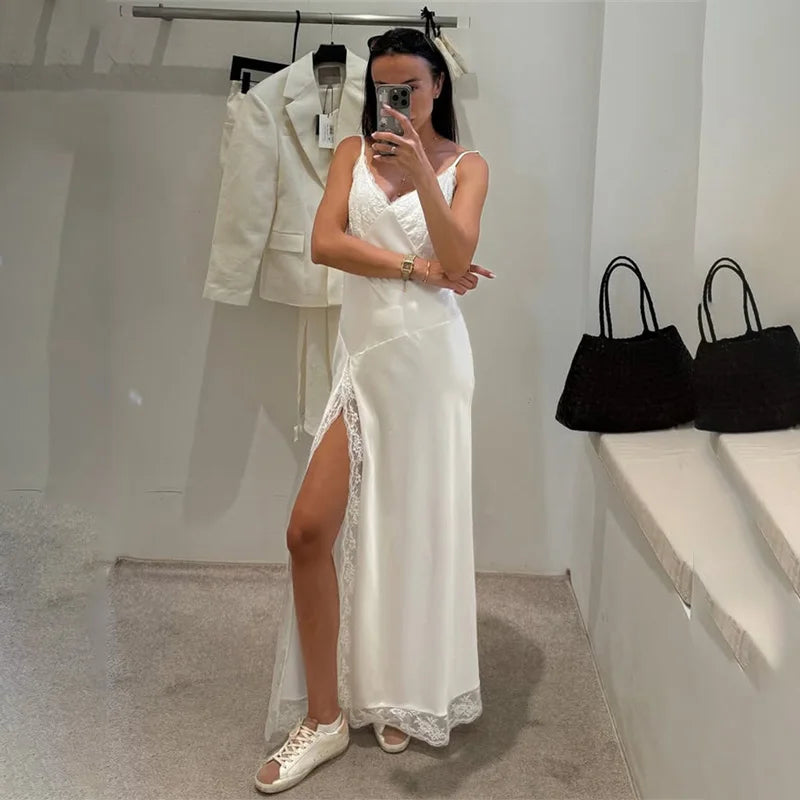 Tossy Black Lace Printed Long Dress For Women V-Neck Backless Slim Patchwork Spaghetti Party Dress Female Summer Bodycon Dress