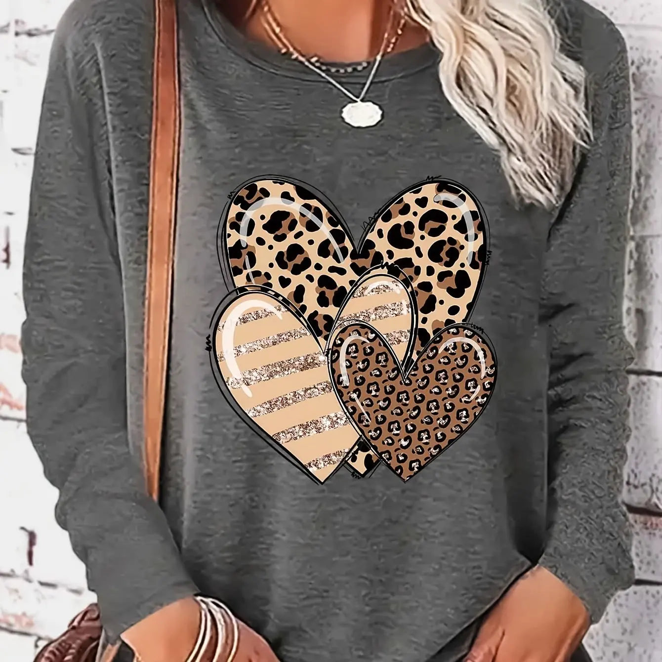 Women's Spring and Autumn 100% pure cotton fashionable casual loose heart-shaped pattern printed round neck long sleeved T-shirt