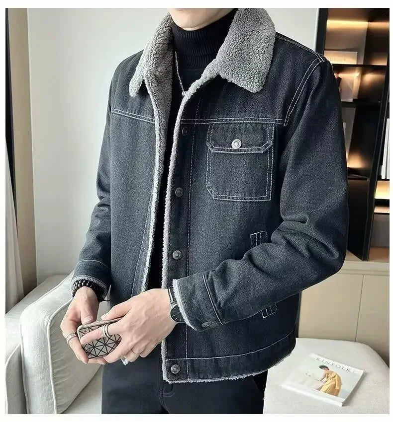 Men's Denim Jacket Winter Thickened Fleece Lined Fashionable New Arrival Hot Sale Of The Season Cotton Coat with Lamb Fur Collar