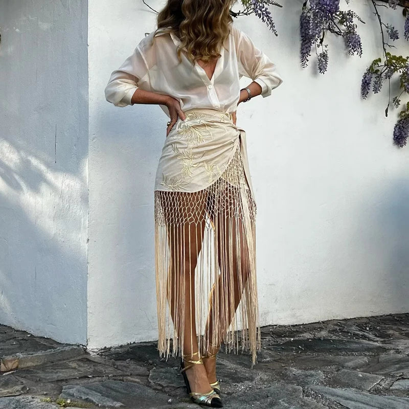 MUJER Embroidery Lace Long Skirt Woman High Waist Midi Skirts for Women Summer Beach Skirt Woman Tassel Women's Skirts Cylinder