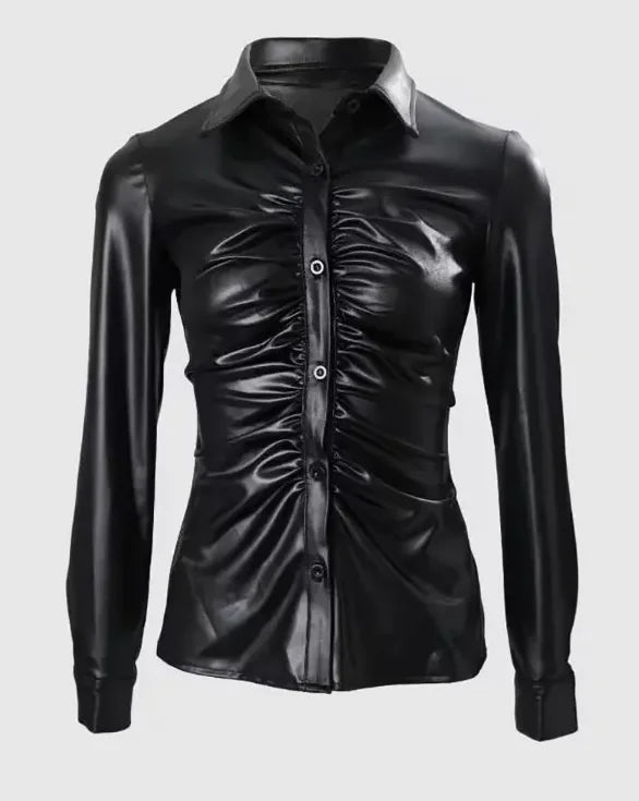 Women's Faux Leather Button Front Shirt with Ruched Lapel Collar   Stylish and Comfortable Long Sleeve Top