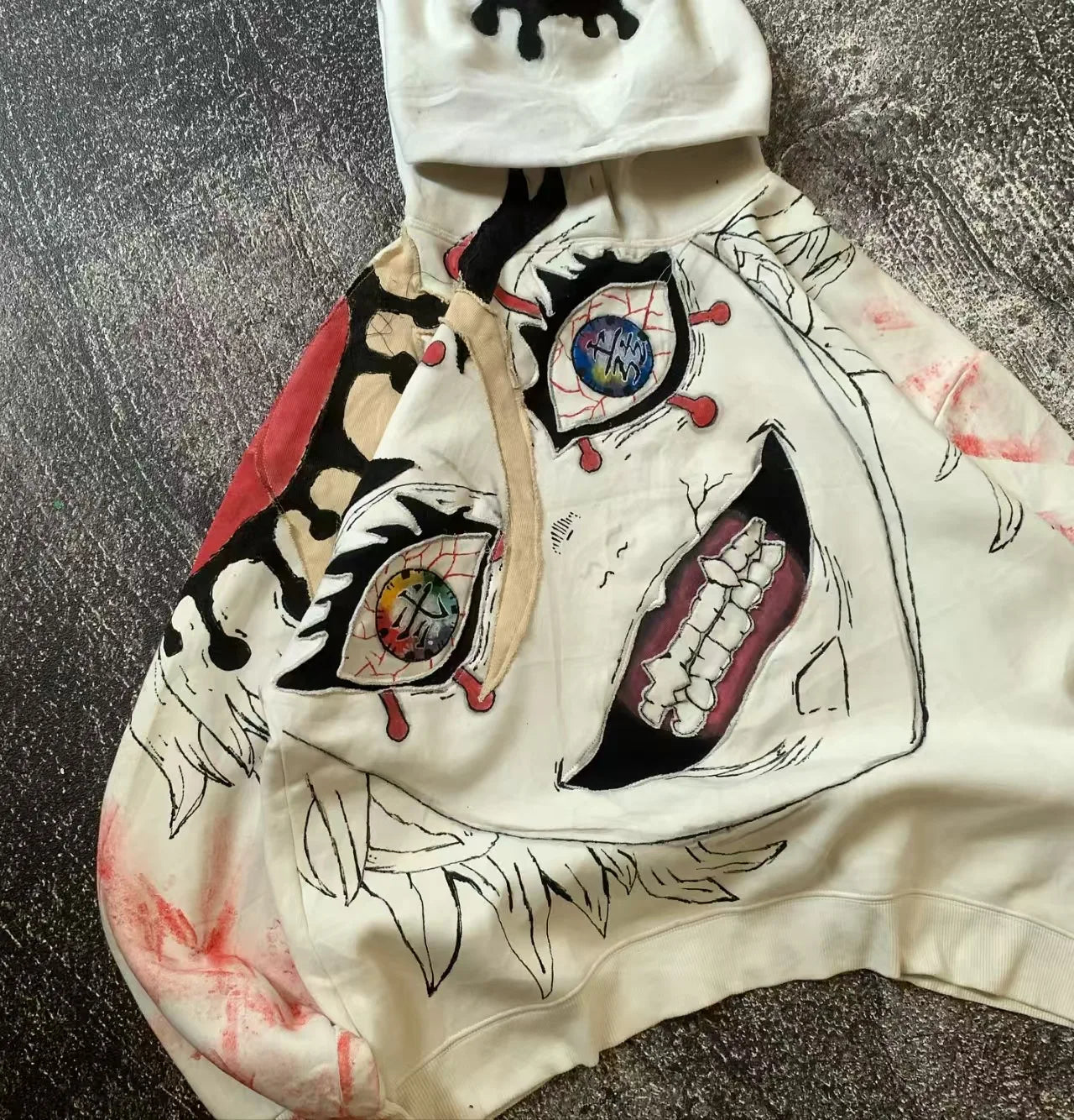 Y2K High Street fashion anime character patchwork design men hoodie punk hip-hop top loose pullover oversized casual sportswear