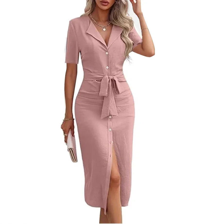 Casual Short Sleeve Women's Shirt Dress Solid Color Lapel Button Cinched Temperament Slit Dress Spring Summer New Commuter Dress