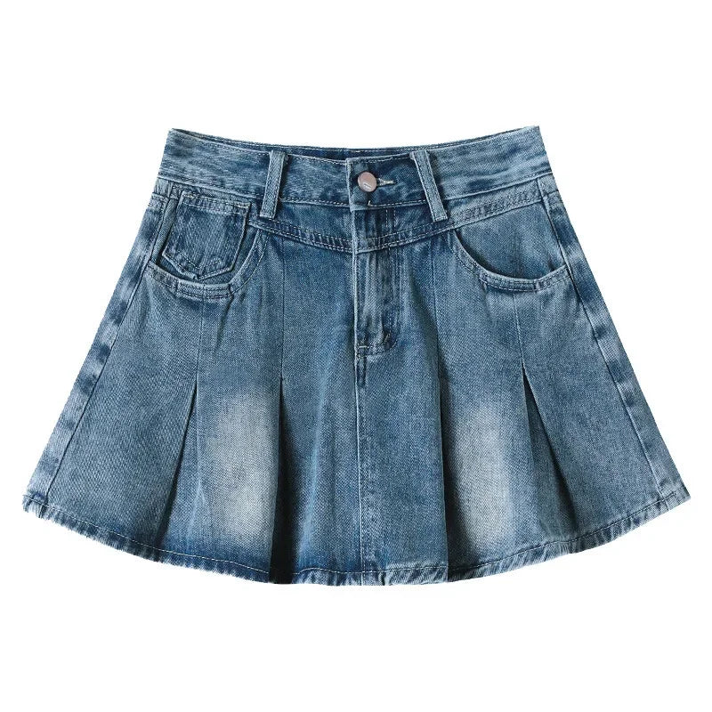 Fashionable High Waist A- Line Mini Skirt Women's Summer New Style American Retro Denim Skirts Cotton Slimming Pleated Skirts