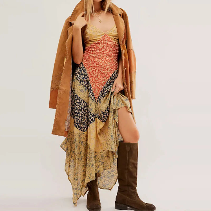 Sexy V-neck Sleeveless Slim Bohe Vacation Dress Vintage Backless Pleated Print Long Dress Elegant Irregular Women's Party Dress