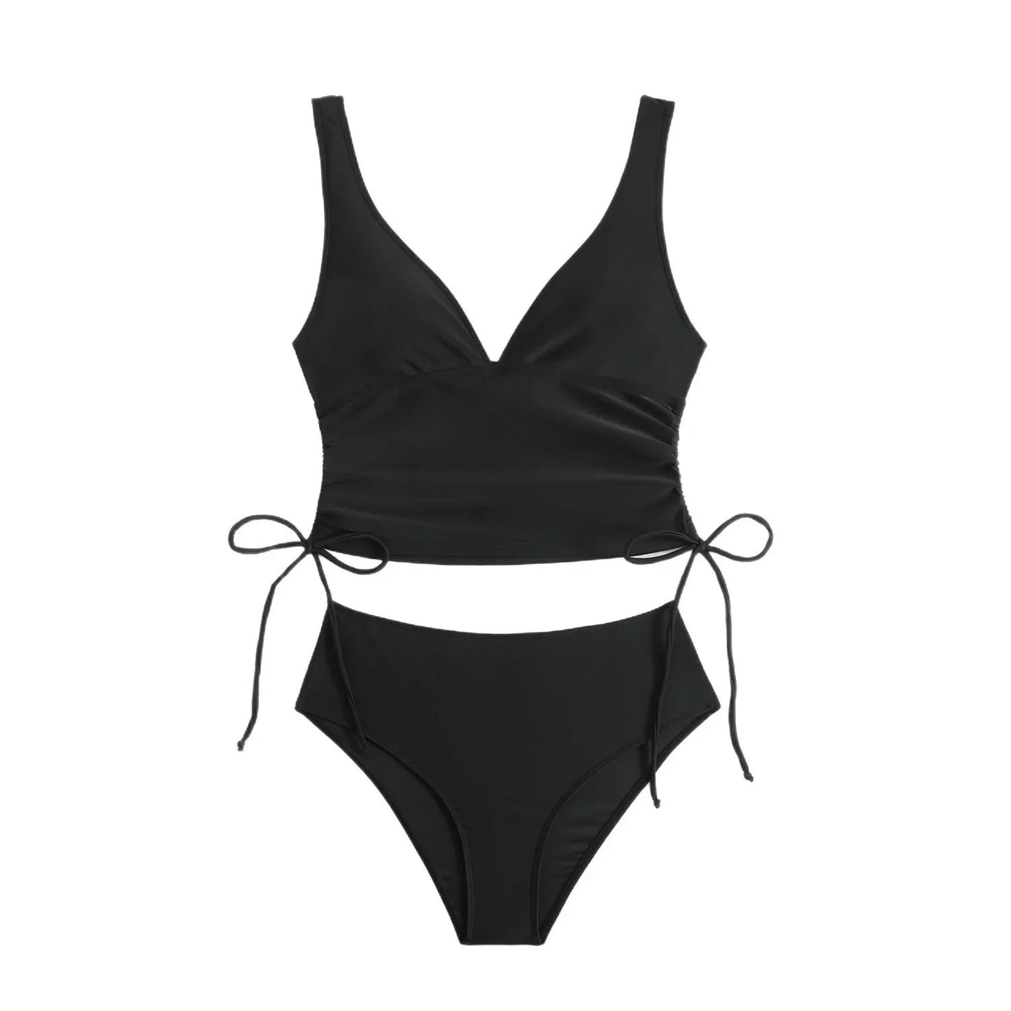 Fashionable Pure Color Nylon Fabric Bikini Set Sexy Two-Piece Swimsuit Drawstring Design Separate Top And Bottom for Women