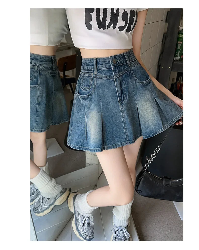 Fashionable High Waist A- Line Mini Skirt Women's Summer New Style American Retro Denim Skirts Cotton Slimming Pleated Skirts