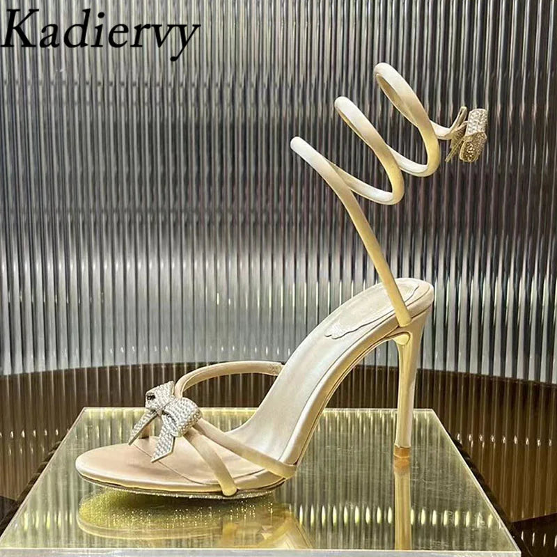 Summer High Heels Sandals Woman Butterfly-knot Rhinestone Snake Twine Around Ankle Strap Wedding Shoes Thin Heels Sandals Women